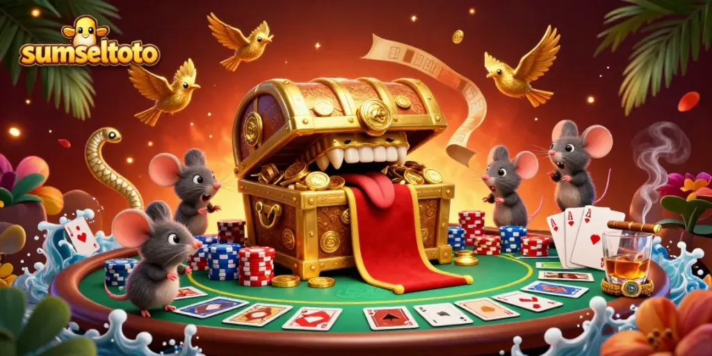 Experience the excitement of sumseltoto with a captivating 3D illustration showcasing poker elements and treasure.