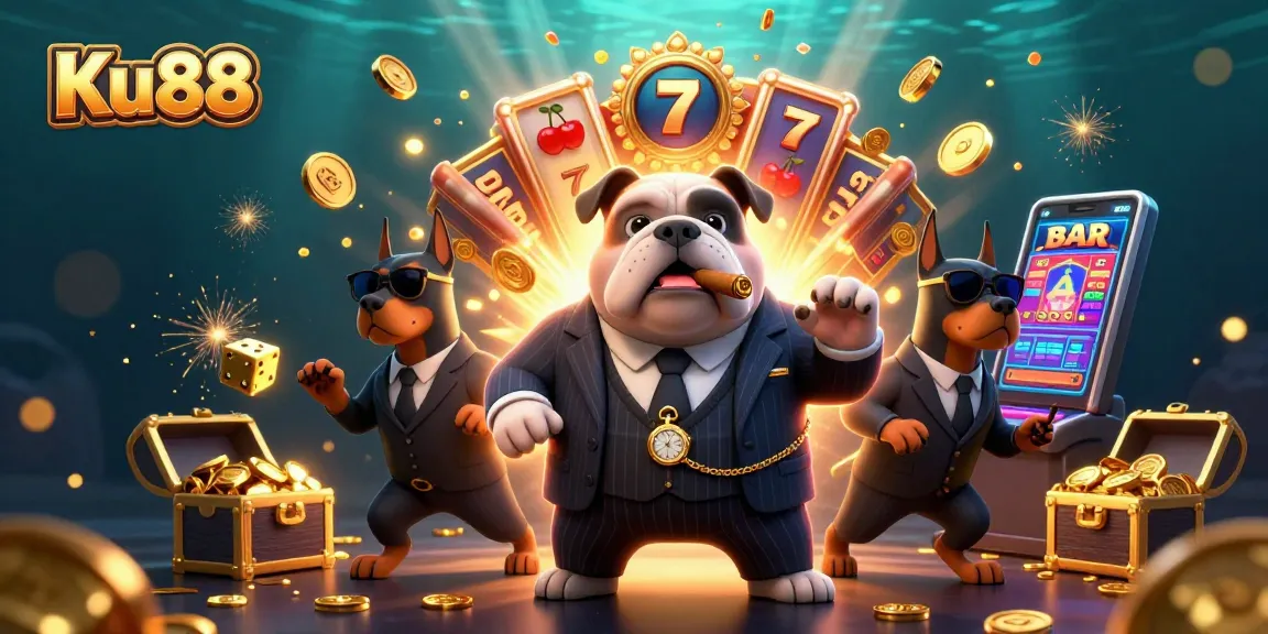Win big at Ku88 with a dynamic 3D casino scene featuring vibrant slot machines and characters.
