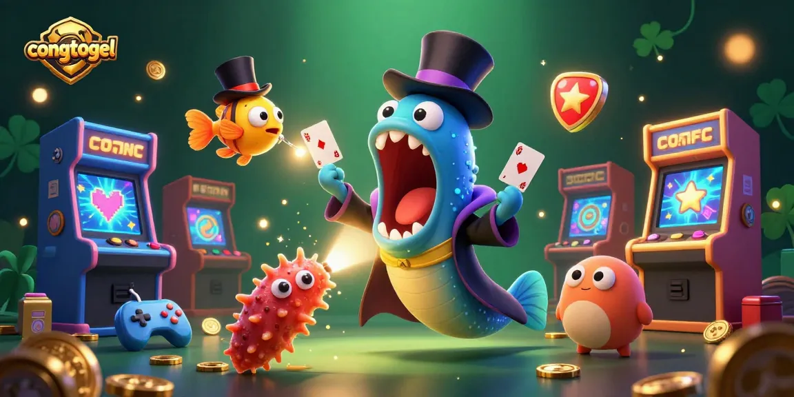 Watch congtogel's magical card tricks with a bioluminescent eel and anglerfish in a vibrant casino scene.