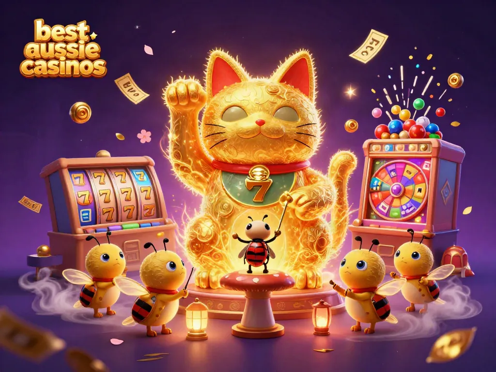 Experience the thrill of best aussie casinos with a giant lucky cat and exciting game symbols.