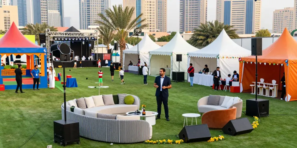 Event rentals setup for a vibrant outdoor festival with stylish tents and furniture in Saudi Arabia.