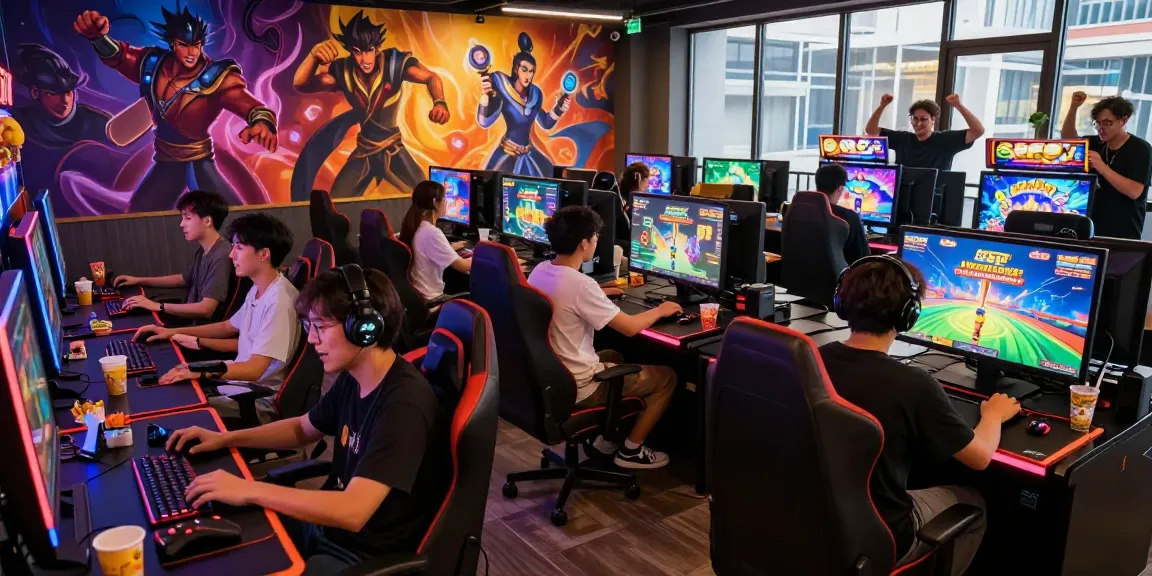Exciting gaming lounge showcasing Slot MAHJONGJP88 gameplay with diverse players, vibrant atmosphere.