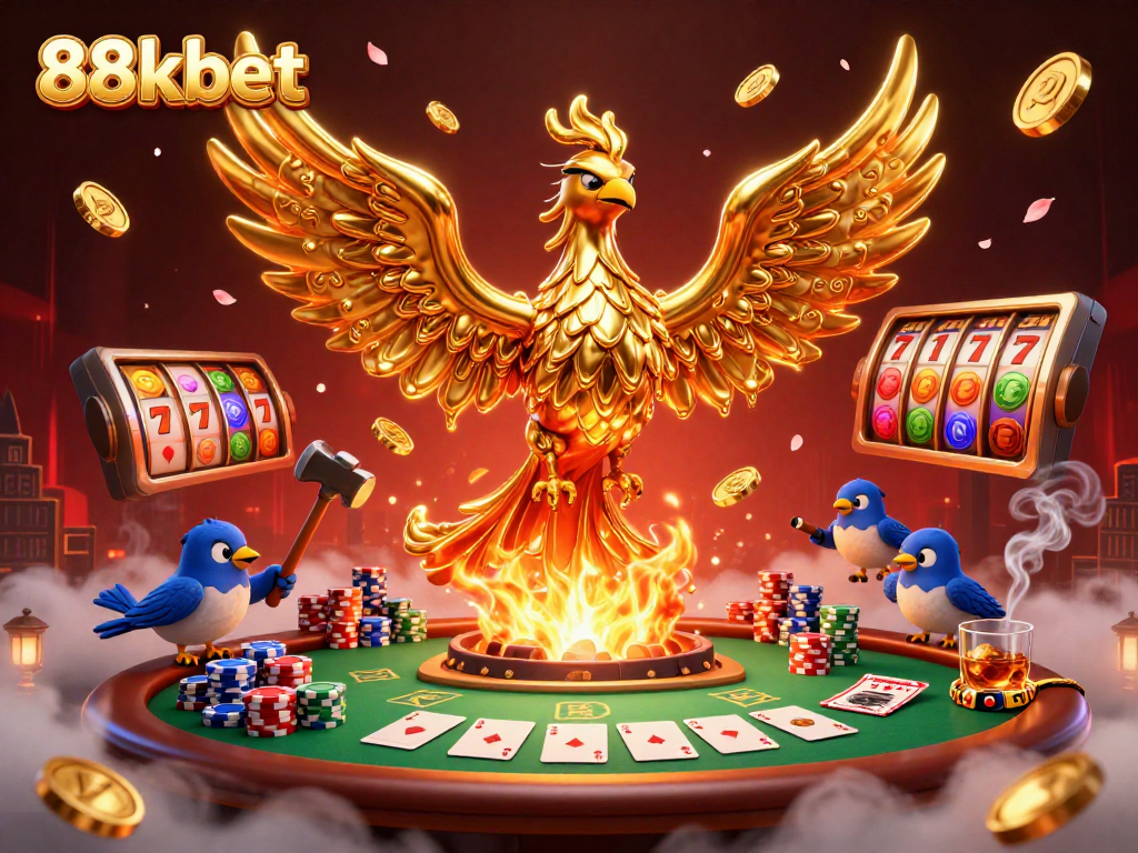 Experience the thrill of gameplay with 88kbet's vibrant golden phoenix emerging from the casino atmosphere.