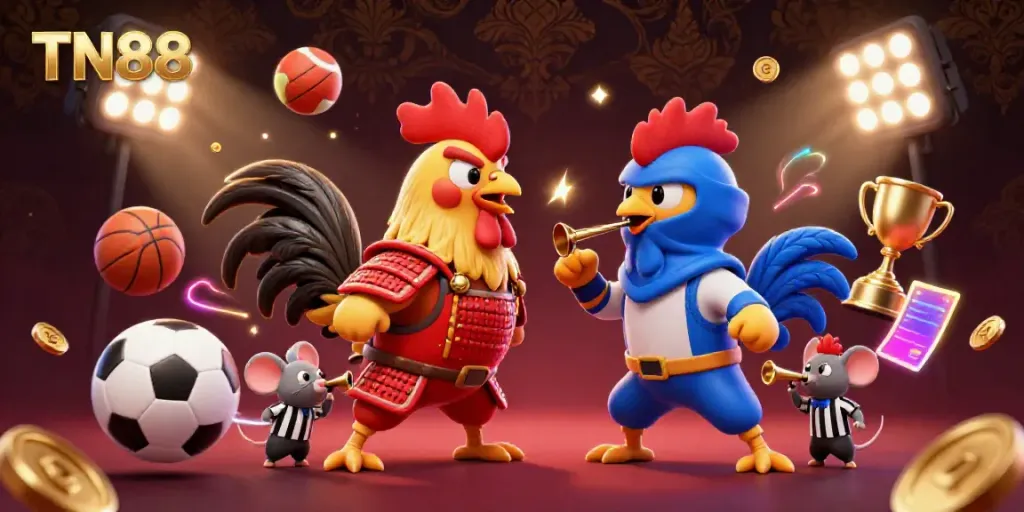 Experience thrilling standoffs at TN88 with dynamic cartoon roosters in a vibrant gaming atmosphere.