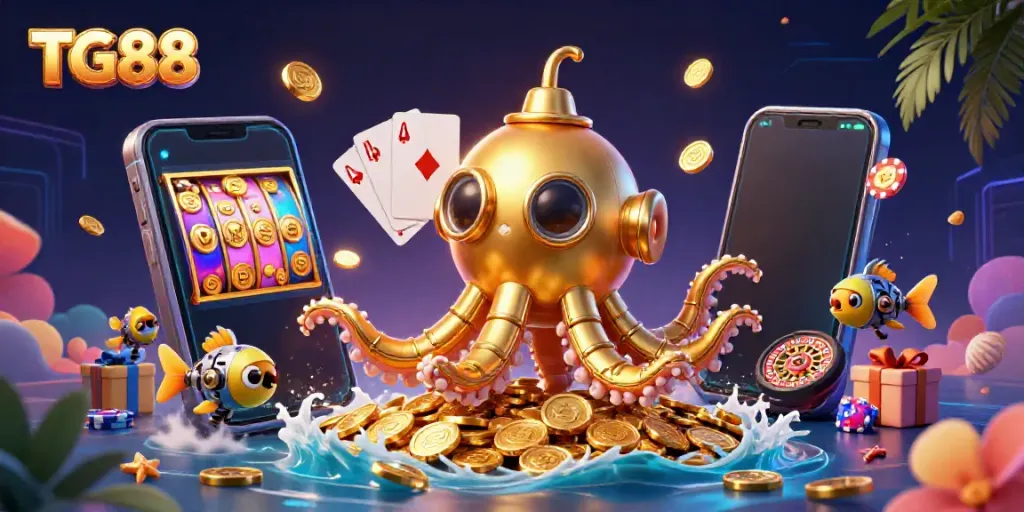 Engage with dynamic slots action as TG88's kraken submarine surfaces amidst golden coins and vibrant game elements.