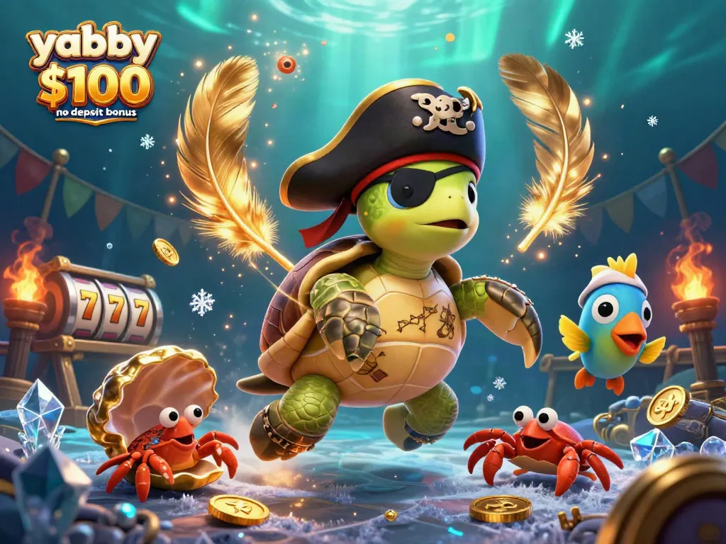Playing with the yabby casino $100 no deposit bonus, featuring vibrant 3D illustration of a pirate turtle and treasure.