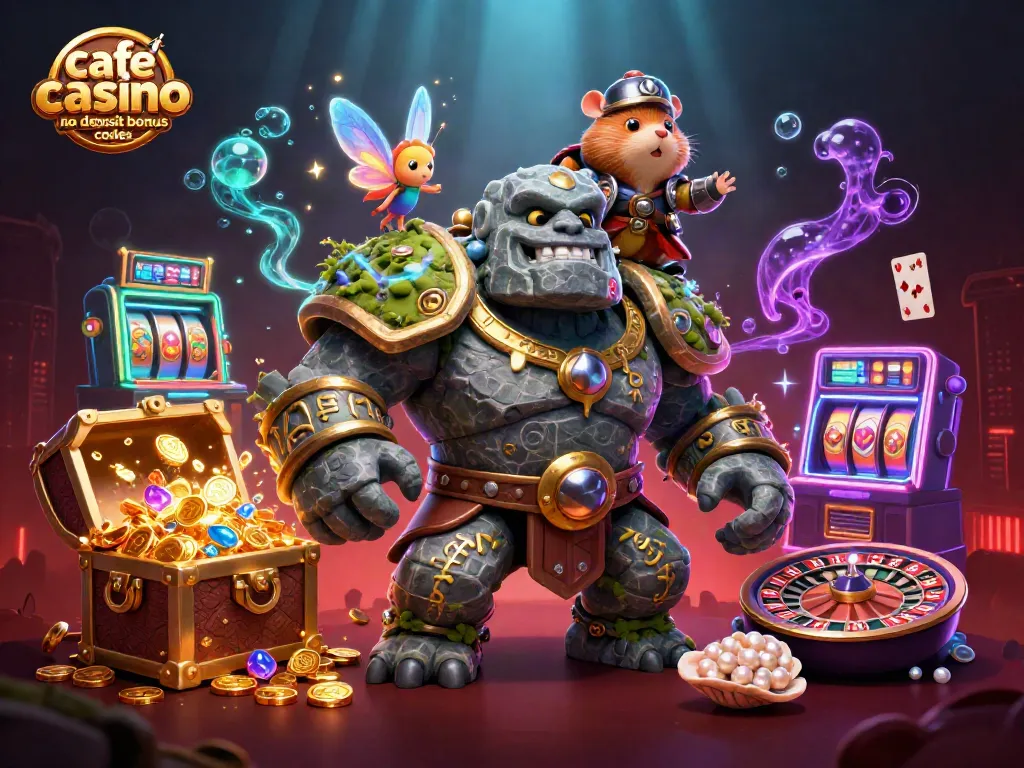 Café Casino no deposit bonus codes come alive in this vibrant 3D casino scene with golems, fairies, and treasure.