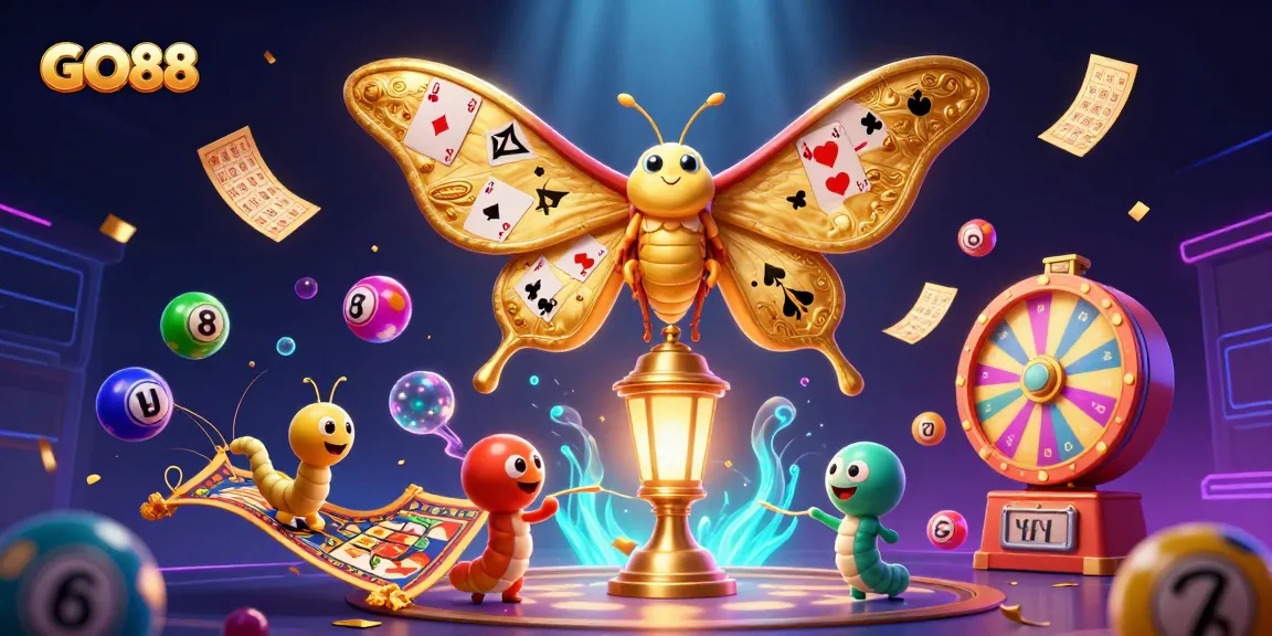 Experience exciting games at GO88, with golden moths and vibrant lottery elements enhancing the casino atmosphere.