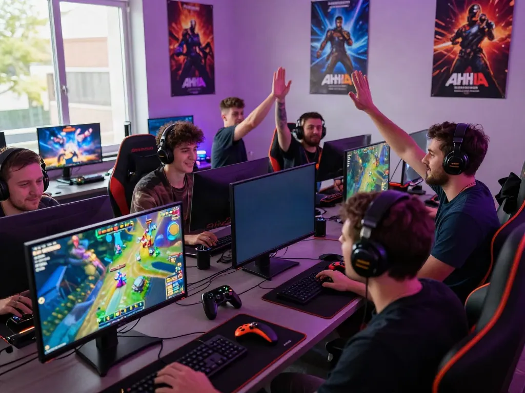 Engaged gamers celebrating a win while playing AHHA 4D in a vibrant gaming room.