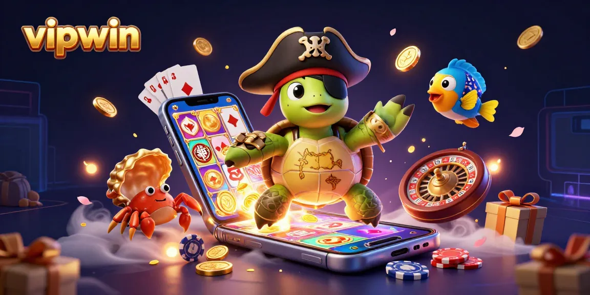 Join the adventure with vipwin in this vibrant 3D illustration featuring a pirate turtle and casino treasures.