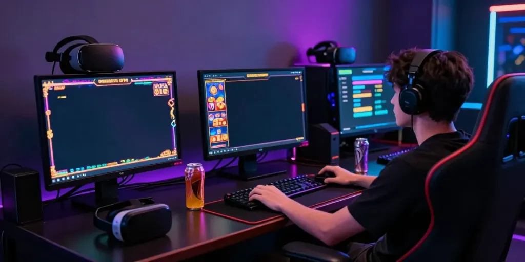 Player focused on slot gacor gaming with tech gadgets and vibrant visuals.
