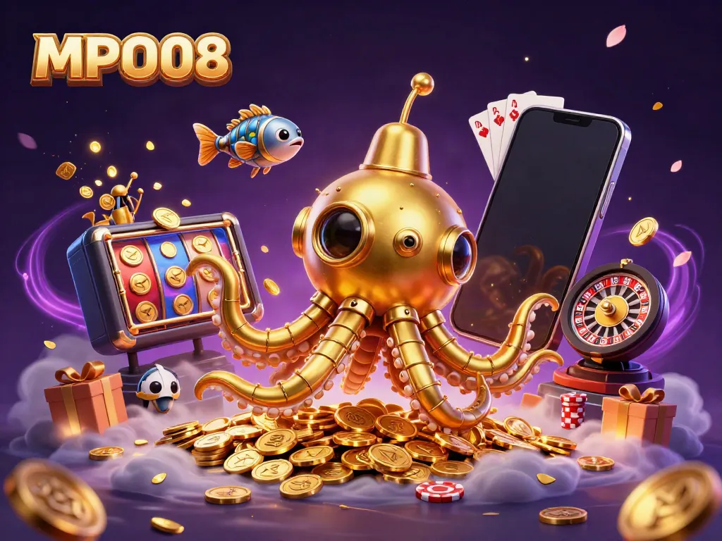 Experience the excitement of MPU08 with the golden kraken submarine surfacing amidst golden coins and slot machines.