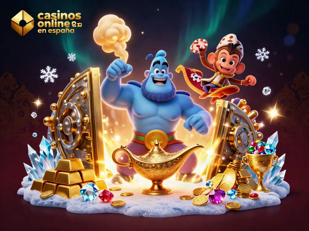 Ilustra la emoción de los casinos online fiables en España con genio, monedas y tesoros.