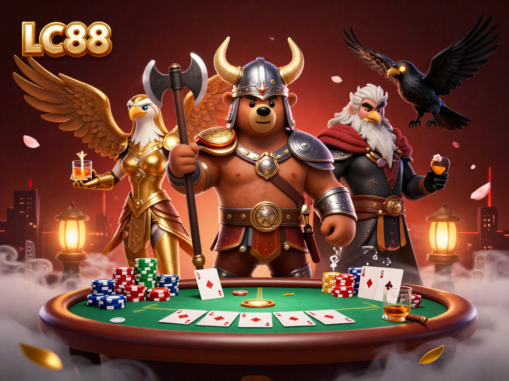 Experience thrilling moments at LC88 with a cinematic casino gaming scene featuring vibrant characters.