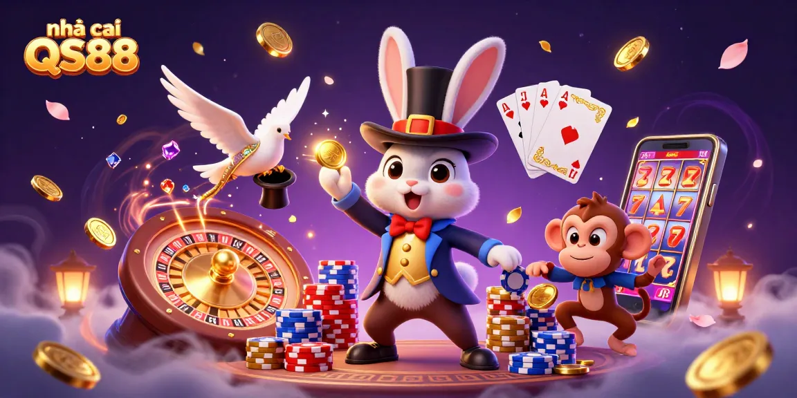 Experience the magic at nhà cái QS88, where golden coins and poker chips fly amidst thrilling casino action.