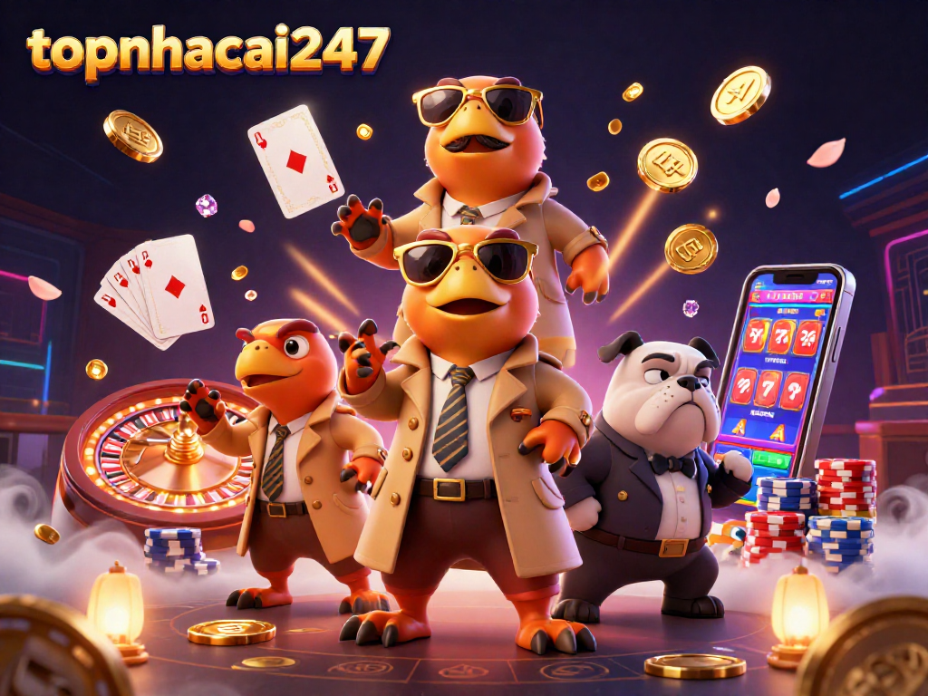 Experience thrilling gameplay at topnhacai247 with cartoon raptors entering a casino, showcasing vibrant gaming elements.