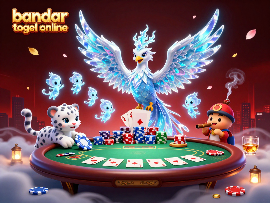 Engage in bandar togel online with dynamic poker scene featuring a playful snow leopard and ice phoenix.