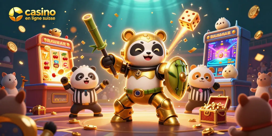 Vivez l'aventure avec le casino en ligne suisse, où un panda doré dans un robot combat une machine à sous.