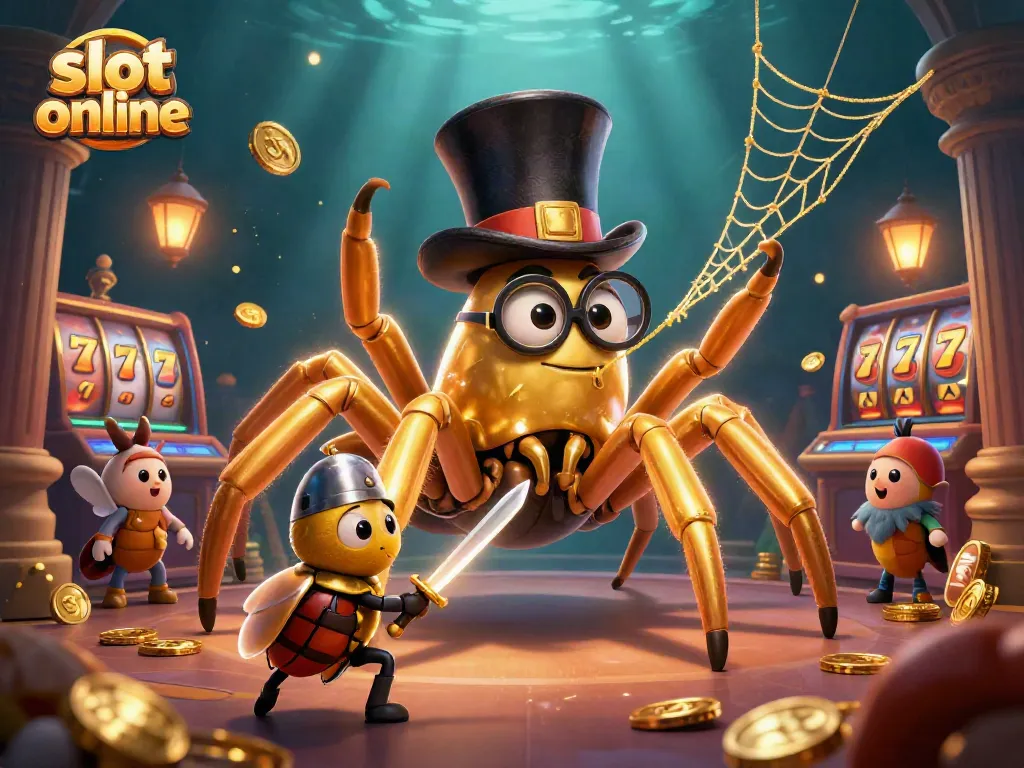 Engage in dynamic slot online gameplay with vibrant reels and captivating characters in a rich casino scene.