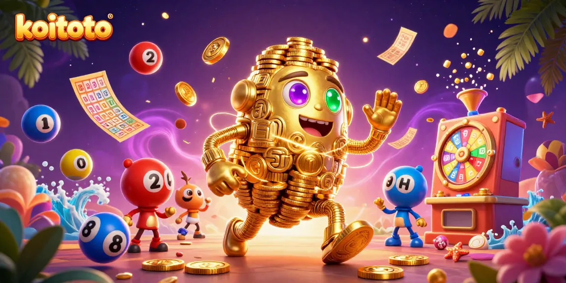 Koitoto showcases golden golem amidst lottery elements, celebrating online slot wins.
