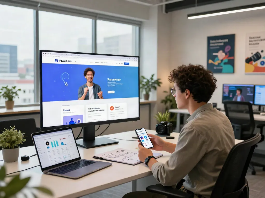Engaging workspace showing More details on poshuk.info platform features on touchscreen
