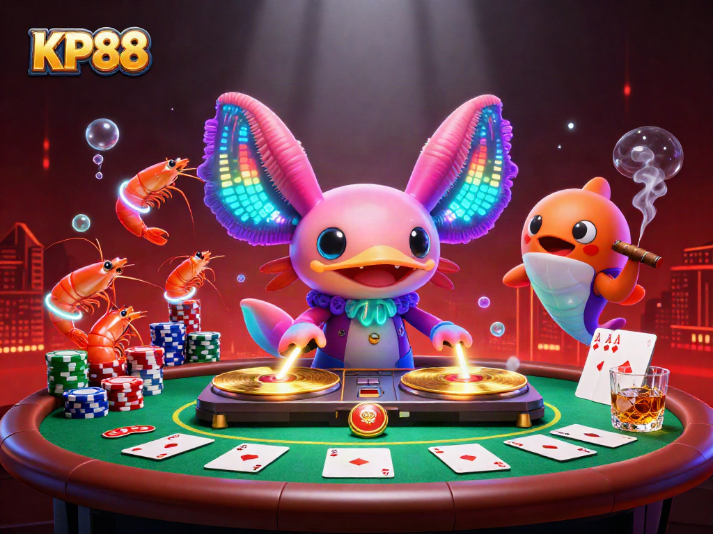 KP88 engages players with a vibrant poker scene featuring cartoon characters and dynamic elements.