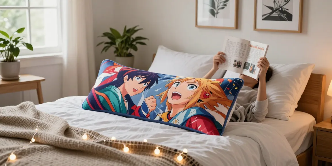 Custom body pillow displayed in a cozy bedroom setting, enhancing a vibrant anime aesthetic.
