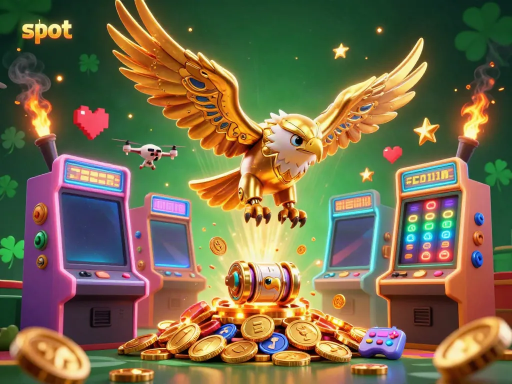 Engaging slot machine action with a golden eagle and gaming elements in an electrifying 3D scene.