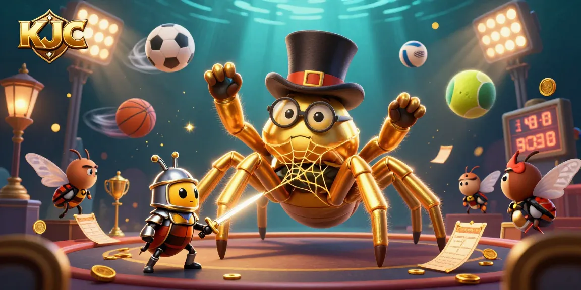 KJC engages players with a dynamic casino scene featuring a golden tarantula and a knight amidst vibrant sports elements.