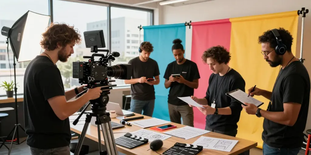 Creative team in a video production company Orange County, California, collaborating on a film project with cameras and lighting equipment.