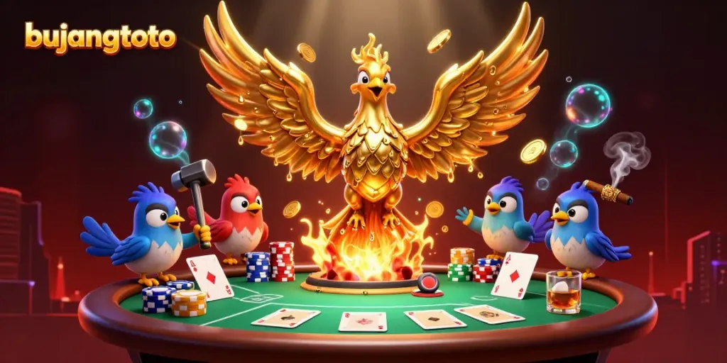 Experience vibrant bujangtoto gaming with a molten phoenix, poker elements, and dynamic casino energy.