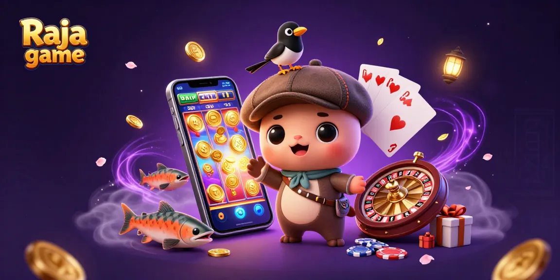 Join the excitement of Raja game with a playful Nessie surrounded by vibrant casino elements.
