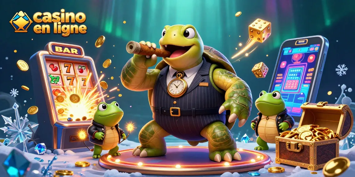 Scène vibrante de casino en ligne avec une tortue et des grenouilles, ambiance lumineuse.