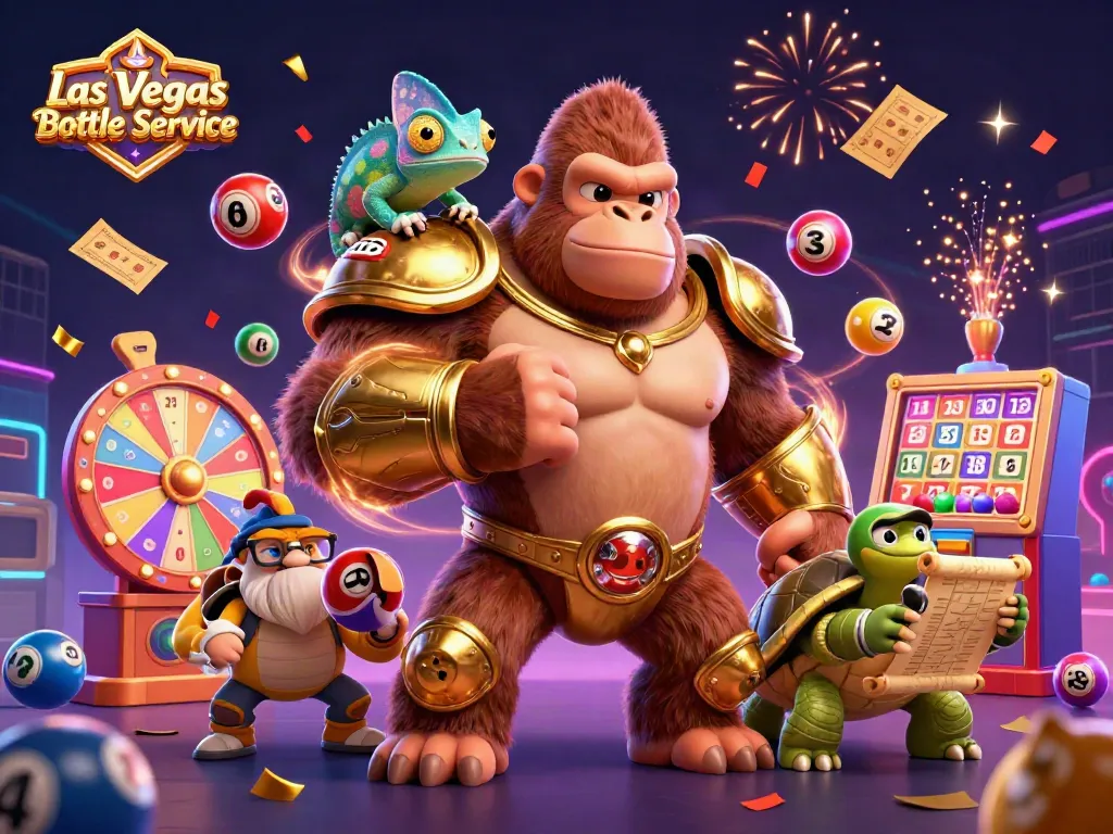 Experience vibrant Las Vegas Bottle Service with a lively gorilla king and dynamic gaming elements.