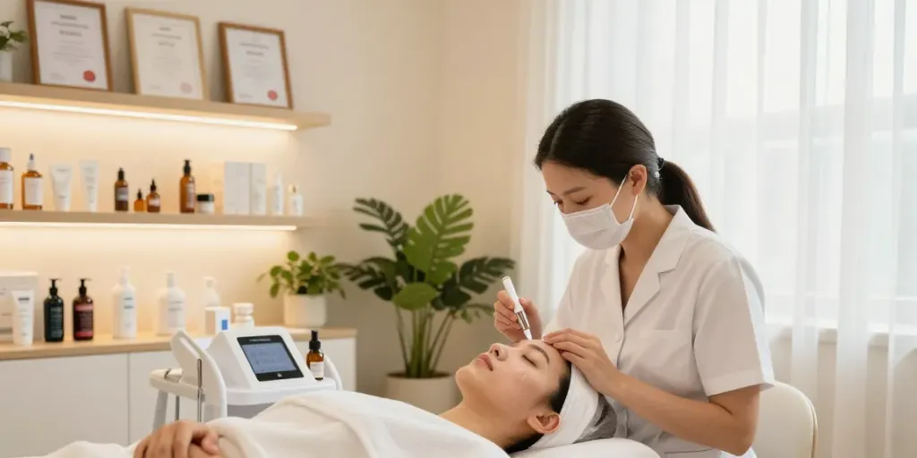 Client receiving a glow peptide facial treatment in a serene skincare salon.
