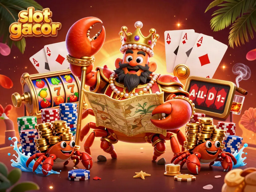 Spin the slot gacor to uncover treasures with the golden crab emperor and his companions amidst a vibrant casino scene.