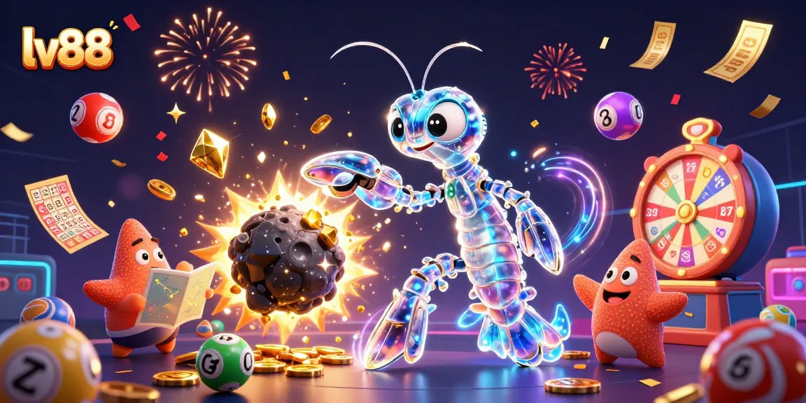 Engage with lv88's vibrant gaming universe, featuring a galactic samurai shrimp amidst dazzling prizes and lottery excitement.