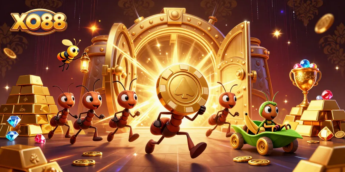 Engaging scene of ants' heist for golden poker chip at XO88, embodying casino excitement.