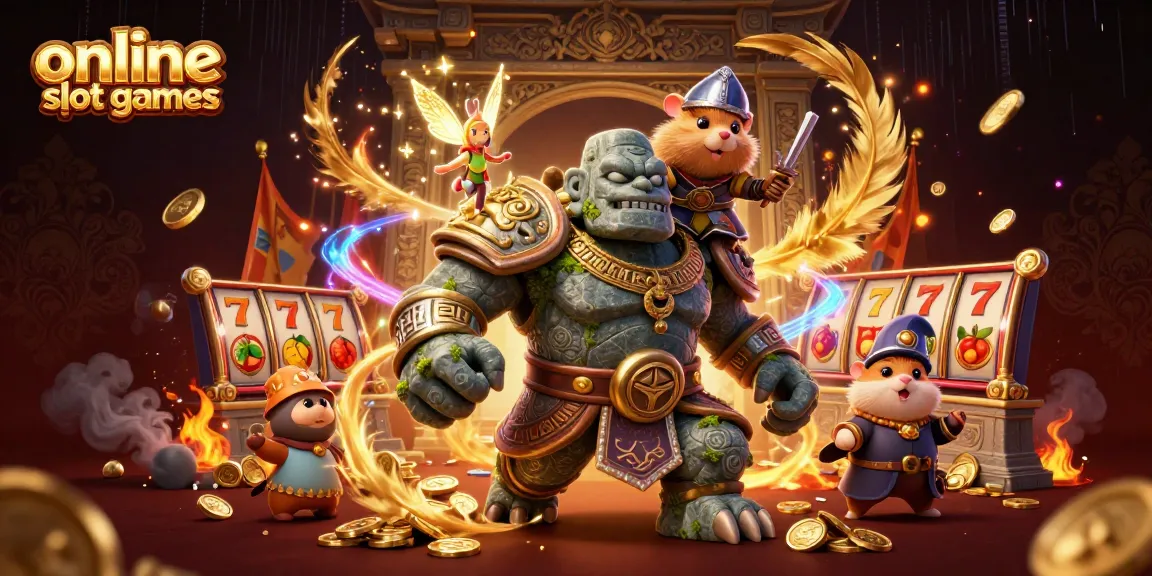 Experience thrilling online slot games with engaging characters in this vibrant 3D illustration.