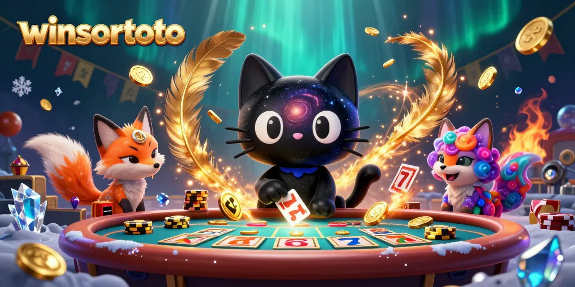 Menangkan permainan di winsortoto dengan kucing hitam dan rubah nebula di meja kasino yang penuh chip emas.