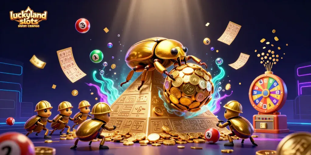 Explore gaming excitement at luckyland slots sister casinos with vibrant 3D art showcasing casino elements.