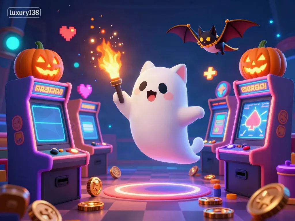 Experience exhilarating fun at luxury138, featuring a ghost cat and bat in a bustling casino scene.