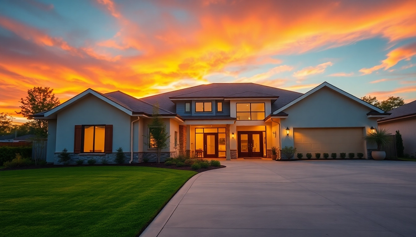 Showcasing Real Estate Photography of a modern home during golden hour with vibrant colors.