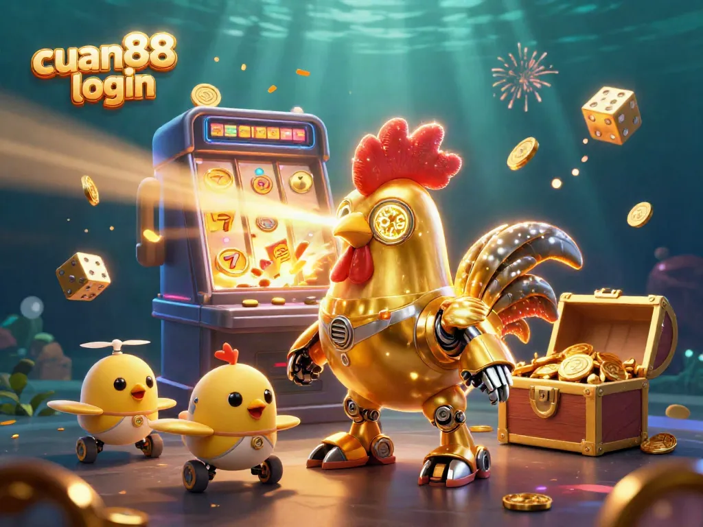 Engage with cuan88 login and discover dynamic casino excitement through a vibrant 3D illustration featuring a golden rooster robot and mini drones.