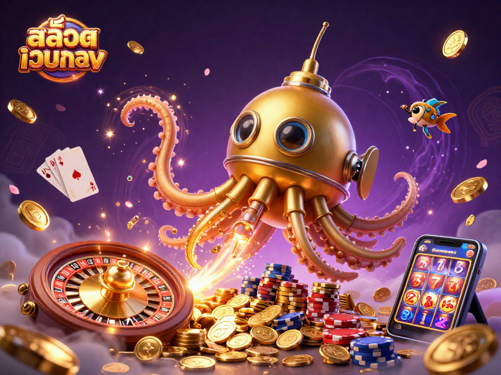 Engage in สล็อตเว็บตรง with a 3D kraken submarine amidst cascading treasures and dynamic casino elements.