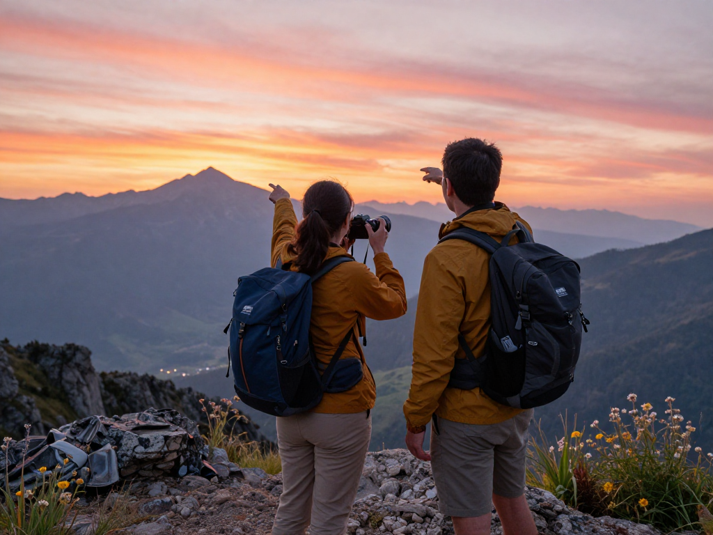 Pasangan petualang di puncak gunung saat delapantoto, menikmati pemandangan indah saat matahari terbit.