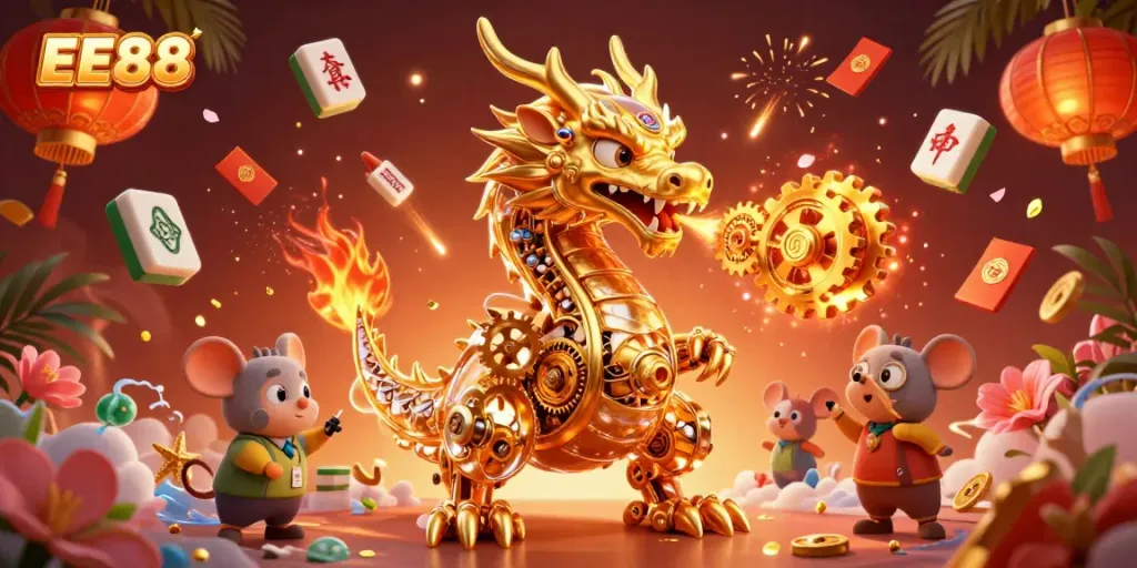 Experience the thrill of EE88 with a golden dragon and vibrant casino elements in this dynamic illustration.