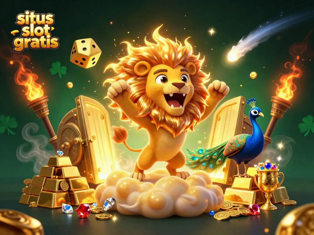 Experience the thrill of situs slot gratis with this vibrant 3D illustration showcasing a roaring sun lion and shimmering gold elements.
