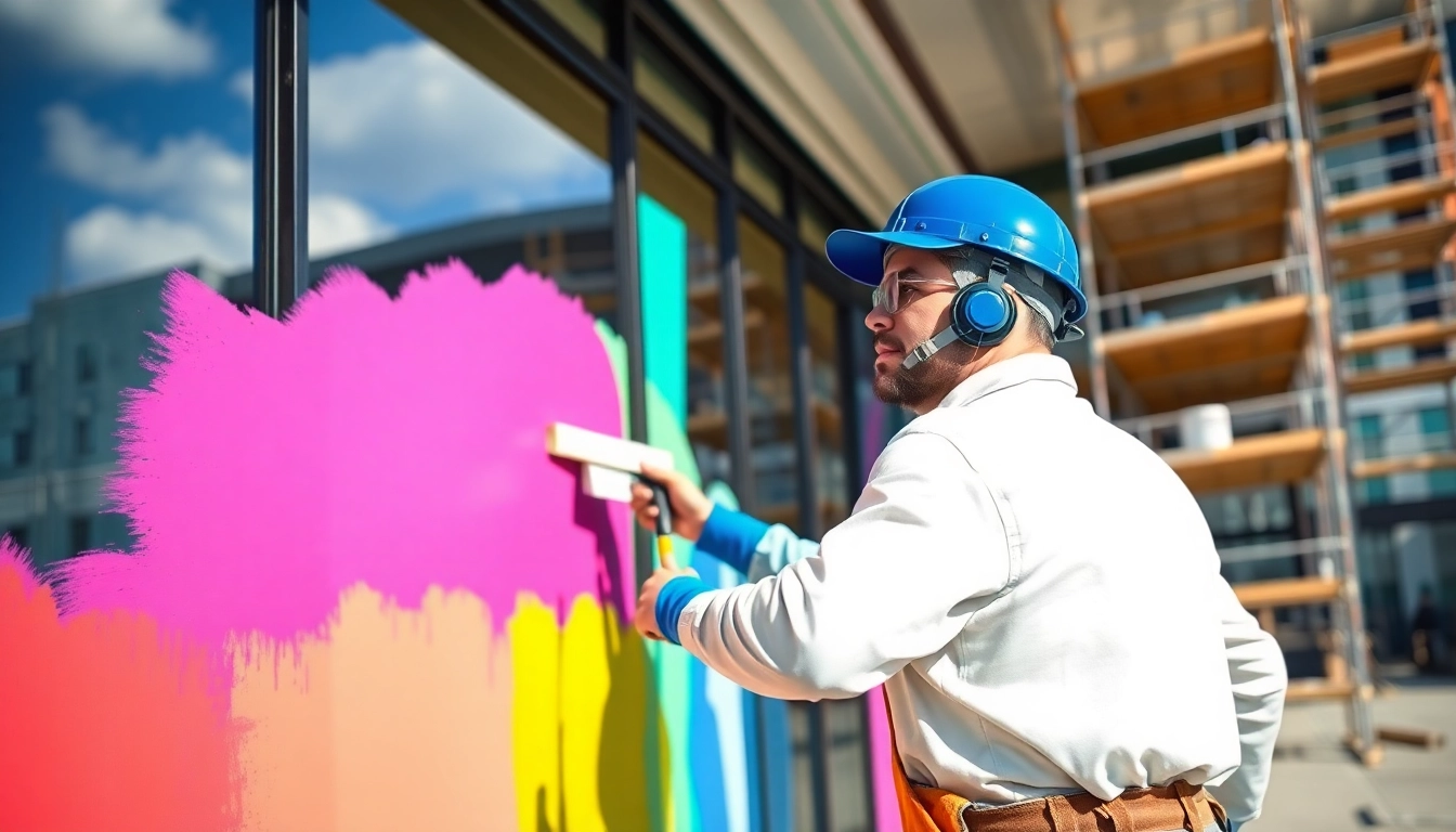 Capture the essence of painting commercial projects with vibrant colors on a building's exterior.