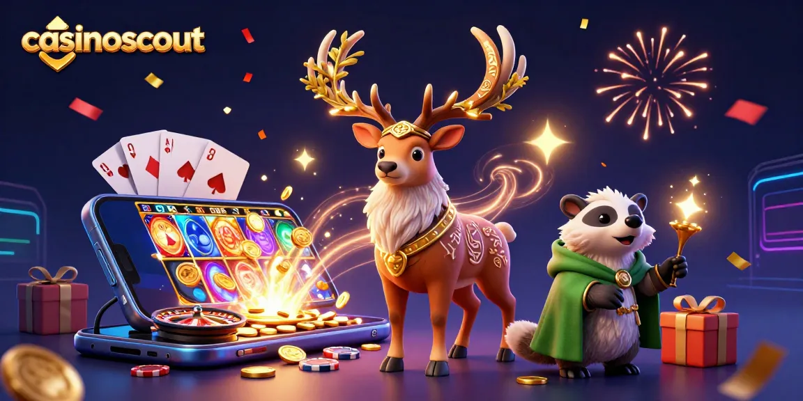 Spin to win at casinoscout with a vibrant druid stag and badger in a 3D casino scene.